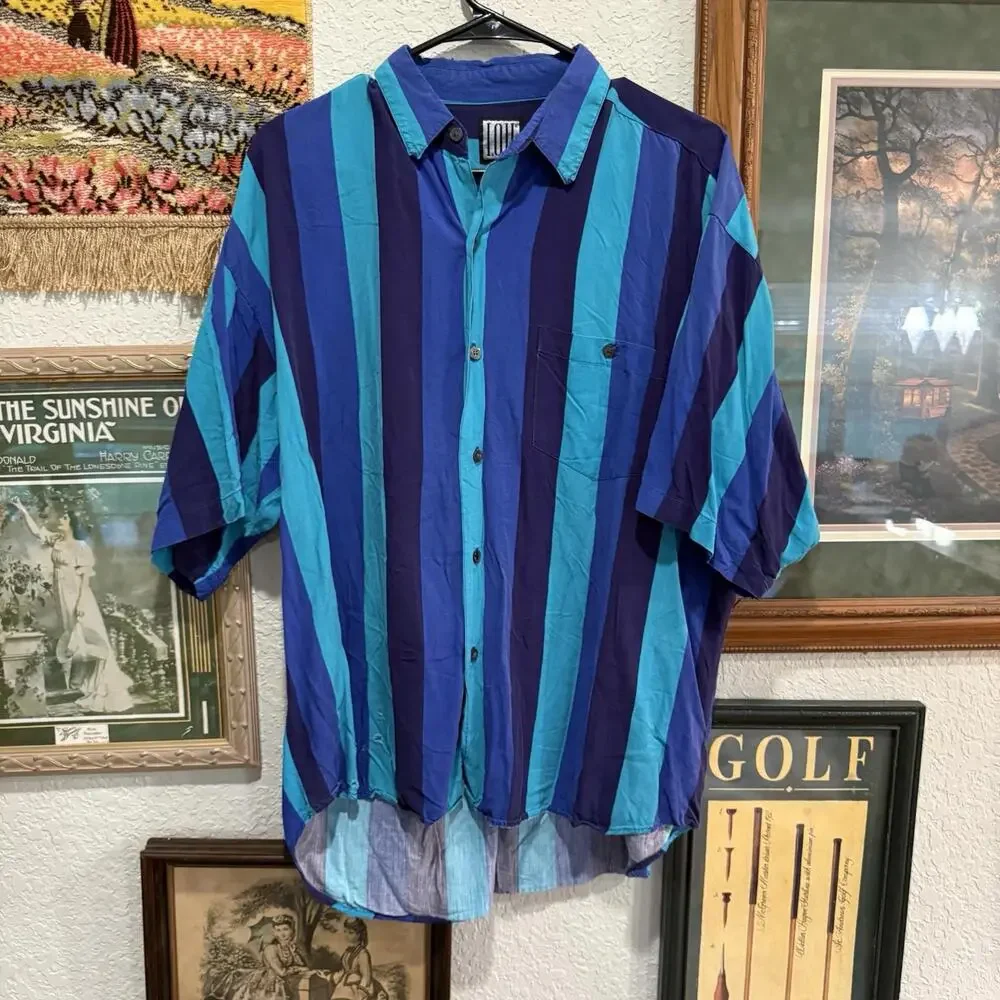 Vintage 80s RARE IOU Men's Striped Button Down Short Sleeve Blue Shirt‎ Size XL